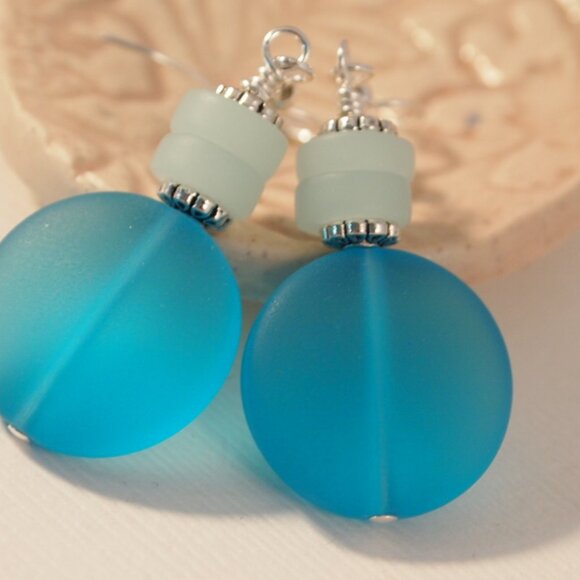 Blue and Green Sea Glass Beaded Dangle Pierced or Clip-on Earrings - Picture 4 of 10